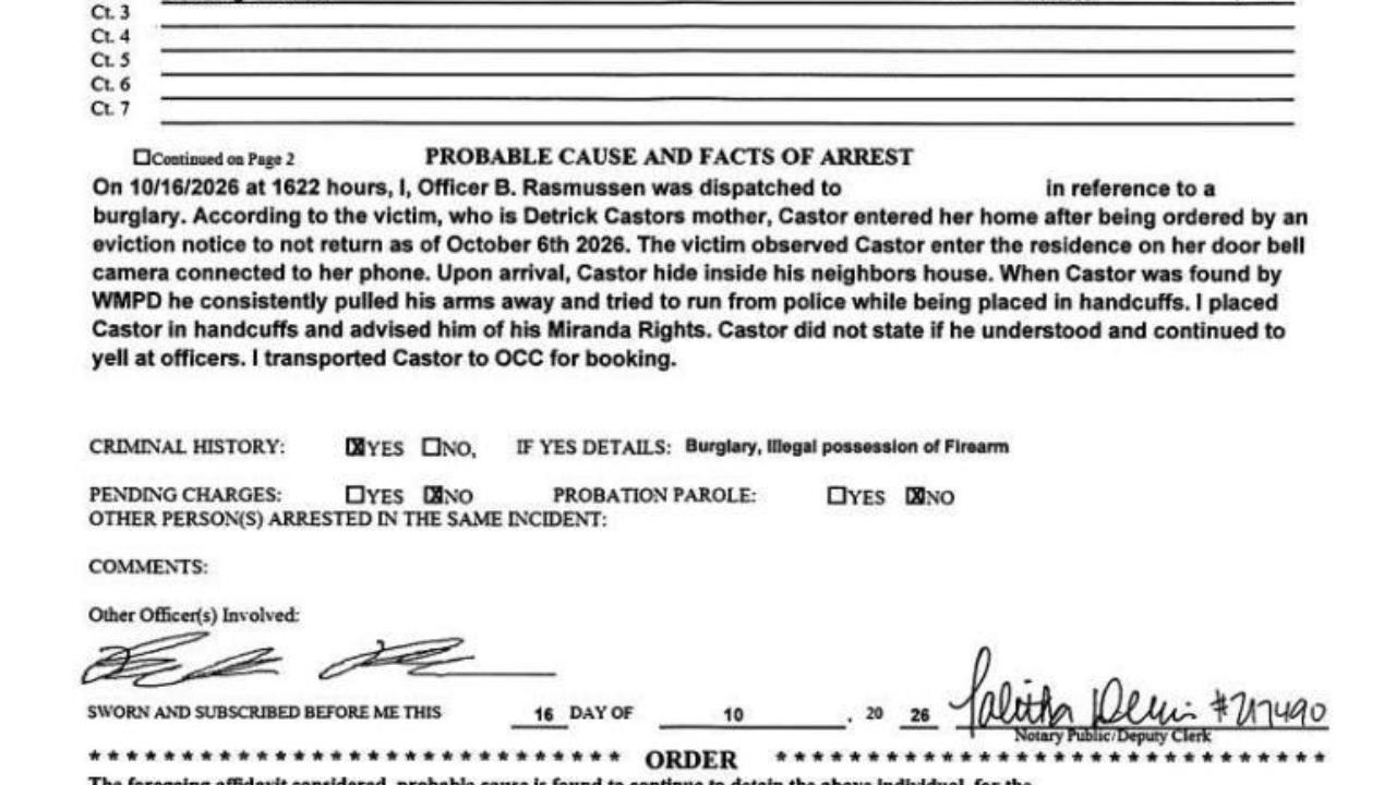 Castor, Detrick Lamont Charged with Wm Municipal Purposes (Free Text)" = Mun Purp,; Resisting an Officer; Criminal Trespass